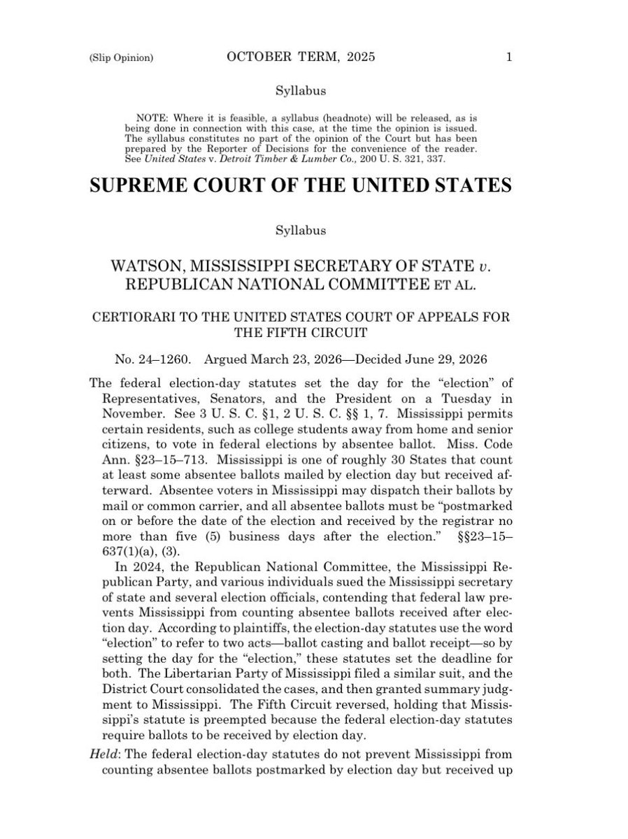 PollTracker2024's tweet photo. Breaking news: US Supreme Court rules states can count mail-in ballots on or before election day that arrive later

5-4 decision. 

Link to ruling: https://t.co/gzoZJ2LoWq https://t.co/Ap5SVoVL0Y