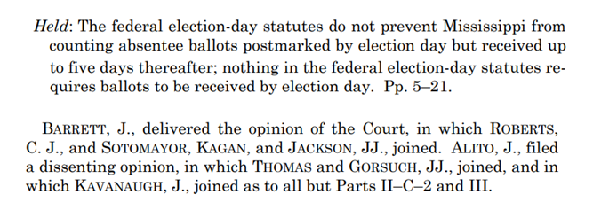 jamiedupree's tweet photo. 🚨 U.S. Supreme Court upholds laws which allow states to count ballots that are postmarked by Election Day - but arrive in the mail after that.  https://t.co/QVouEK48pw https://t.co/CTZaz4uK6l