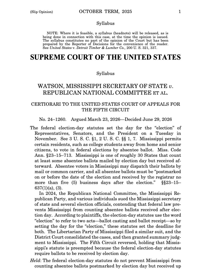 WallStreetMav's tweet photo. Amy Coney Barrett was such a mistake. She just joined the majority on the Supreme Court to protect mail-in ballots arriving after Election Day.

“The federal election-day statutes do not prevent Mississippi from counting absentee ballots postmarked by election day but received up to five days thereafter; nothing in the federal election-day statutes requires ballots to be received by election day.”

Alito and Thomas dissent. Kavanaugh dissents in part.

Barrett and the majority is effectively making the argument that Election Day doesn’t actually mean Election Day. What a joke.