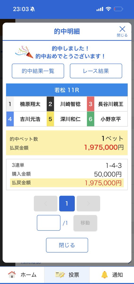 1903rne1's tweet photo. 若松11R狙い通り。

3連単1-4-3で197万5千円。

30万投資は回収完了。

明日のレースも冷静に分析していくよー

#競艇 #ボートレース #予想 #的中 #投資 https://t.co/K7yBYGR6Ub