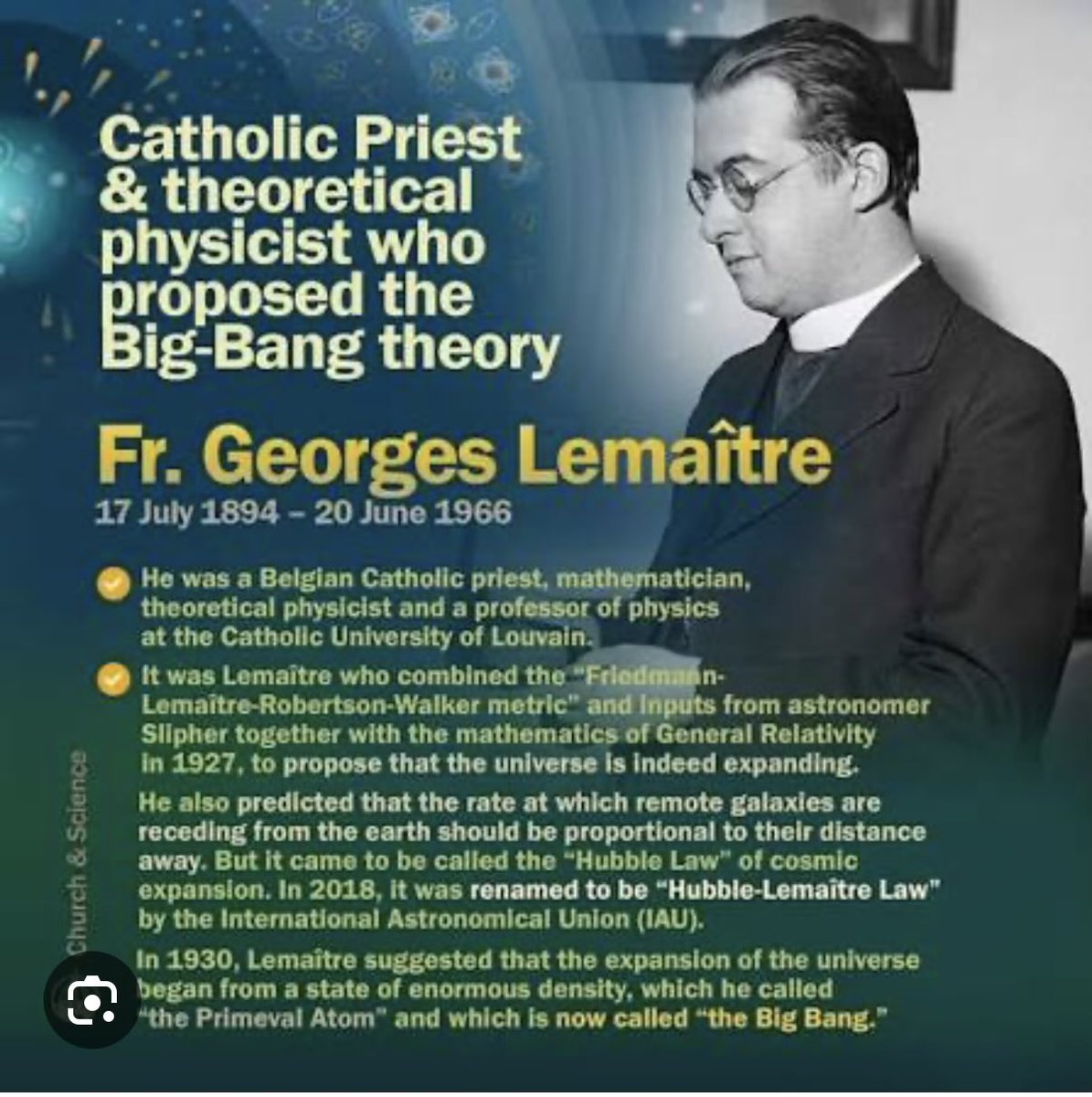 revhowardfurst's tweet photo. @remnantrenegade Speaking of uncomfortable truths, the Big Bang Theory was first articulated by a Catholic Priest who was also a very good physicist. https://t.co/2766QlxgmM