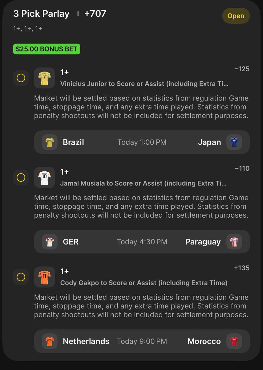 4ThePeoplePicks's tweet photo. 🌎 World Cup Plays of the Day 🇧🇷🇩🇪🇳🇱

We’re attacking the goal market today 

Vini Jr. — First Goal
Jamal Musiala — First Goal
Cody Gakpo — First Goal

Adding the Goal or Assist play for each one (this is the one I’m loving today 👀)

#4thepeoplepicks #Worldcup https://t.co/LBEfsXQKE5