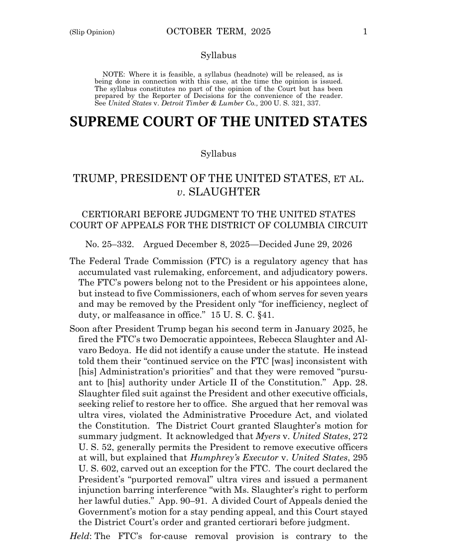 RogerSeverino_'s tweet photo. 🚨🚨Humphrey's Executor OVERRULED 🚨🚨
6-3 conservative/liberal split. Progressives who mocked the unitary executive as a "kooky theory" now must treat it as "the law of the land." 

As summarized by Justice Thomas in a companion case, “the President may remove his subordinates at will,” without cause, without notice, and  without a hearing, so long as they exercise any executive  power.  Any statute that limits “[t]he President’s power to remove—and thus supervise— those who wield executive power on his behalf ” is unconstitutional.

In short, presidents can be presidents again.