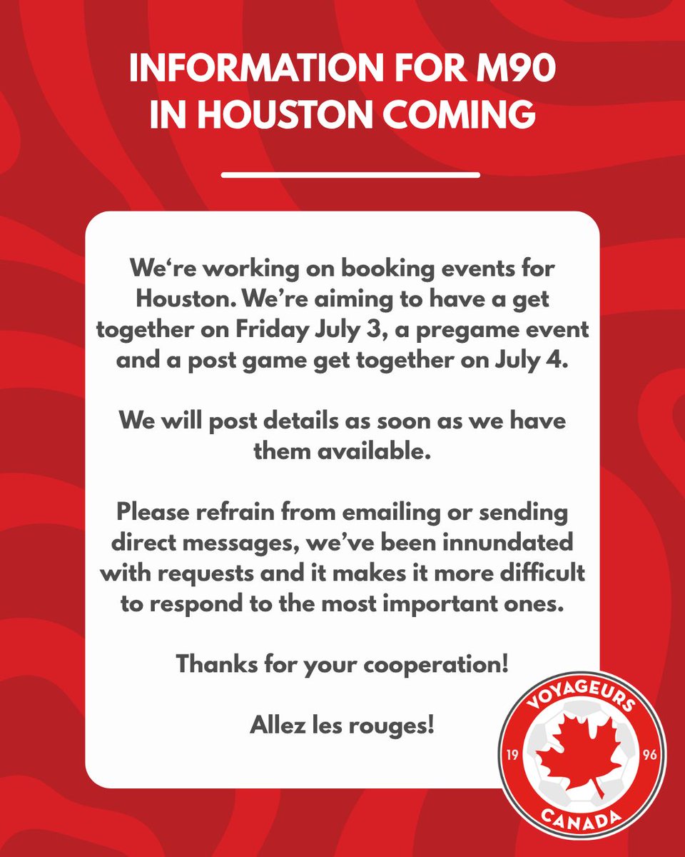 thevoyageurs's tweet photo. Information for M90 in Houston Coming

#allezlesrouges #redout #tousenrouge #canmnt https://t.co/0aLQOkr4Am