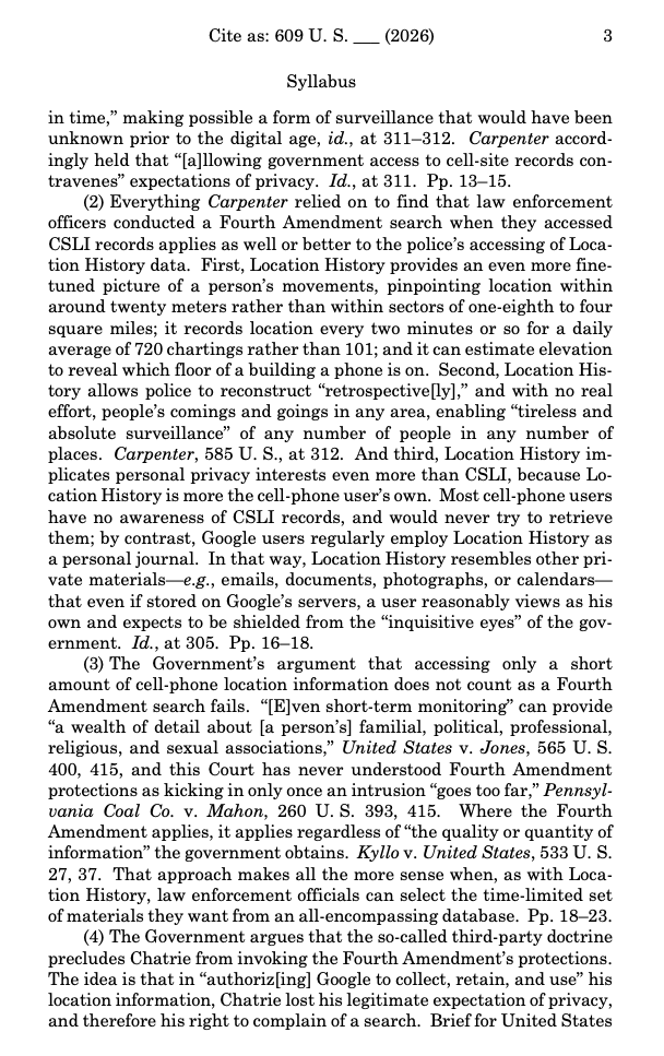 bhweingarten's tweet photo. In Chatrie v. U.S., the Supreme Court finds that law enforcement's obtaining of data via "geofencing" constitutes a 4th Amendment search "because an individual has a reasonable expectation of privacy in his cell-phone location information"