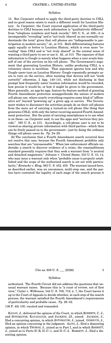 bhweingarten's tweet photo. In Chatrie v. U.S., the Supreme Court finds that law enforcement's obtaining of data via "geofencing" constitutes a 4th Amendment search "because an individual has a reasonable expectation of privacy in his cell-phone location information"