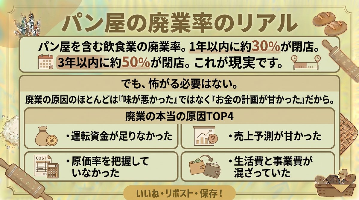 gu_kaigyo's tweet photo. パン屋を含む飲食業の廃業率🥹

1年以内に約30%が閉店😥
3年以内に約50%が閉店😰

👆これが現実です

でも、怖がる必要はない‼

なぜなら、廃業の原因のほとんどは 「味が悪かった」ではなく 「お金の計画が甘かった」だから💰

・運転資金が足りなかった💰 
・売上予測が甘かった📈 
・原価率を把握していなかった 📝
・生活費を計算に入れていなかった📱
　
👉事前の準備で防げることばかり。

厳しい数字を見て「やめよう」ではなく、「だから計画が大事なんだ」と思ってもらえたら嬉しいです✨

#開業 #独立 #事業計画 #融資 #パン屋 #ケーキ屋 #製パン製菓 #創業 #資金調達 #GU #グローアップ #開業支援