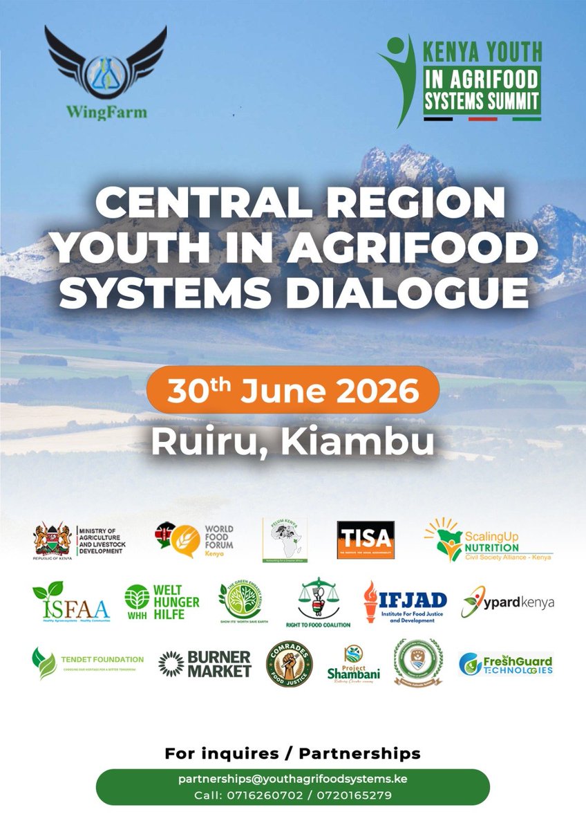 _WingFarm's tweet photo. Join us tomorrow for the first-ever Central Region Youth in Agrifood Systems Dialogue! 

The future of our food systems depends on the ideas, innovation, and leadership of young people.

#YouthInAgrifoodSystems #MbogiYaFoodSystems #FoodSystems #Agroecology #RightToFood https://t.co/4Fkm76Bj9p