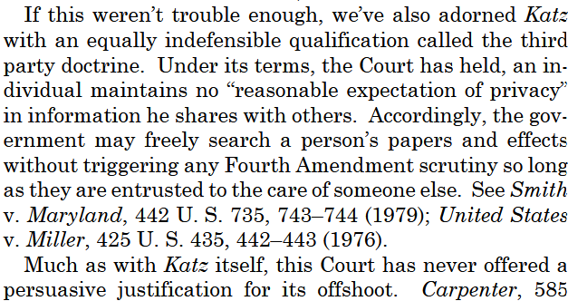 eesavka's tweet photo. @scotus_wire Once again, Justice Gorsuch calls for tossing out the third-party doctrine. Once again, he's right. https://t.co/KLxwY3ZH5e