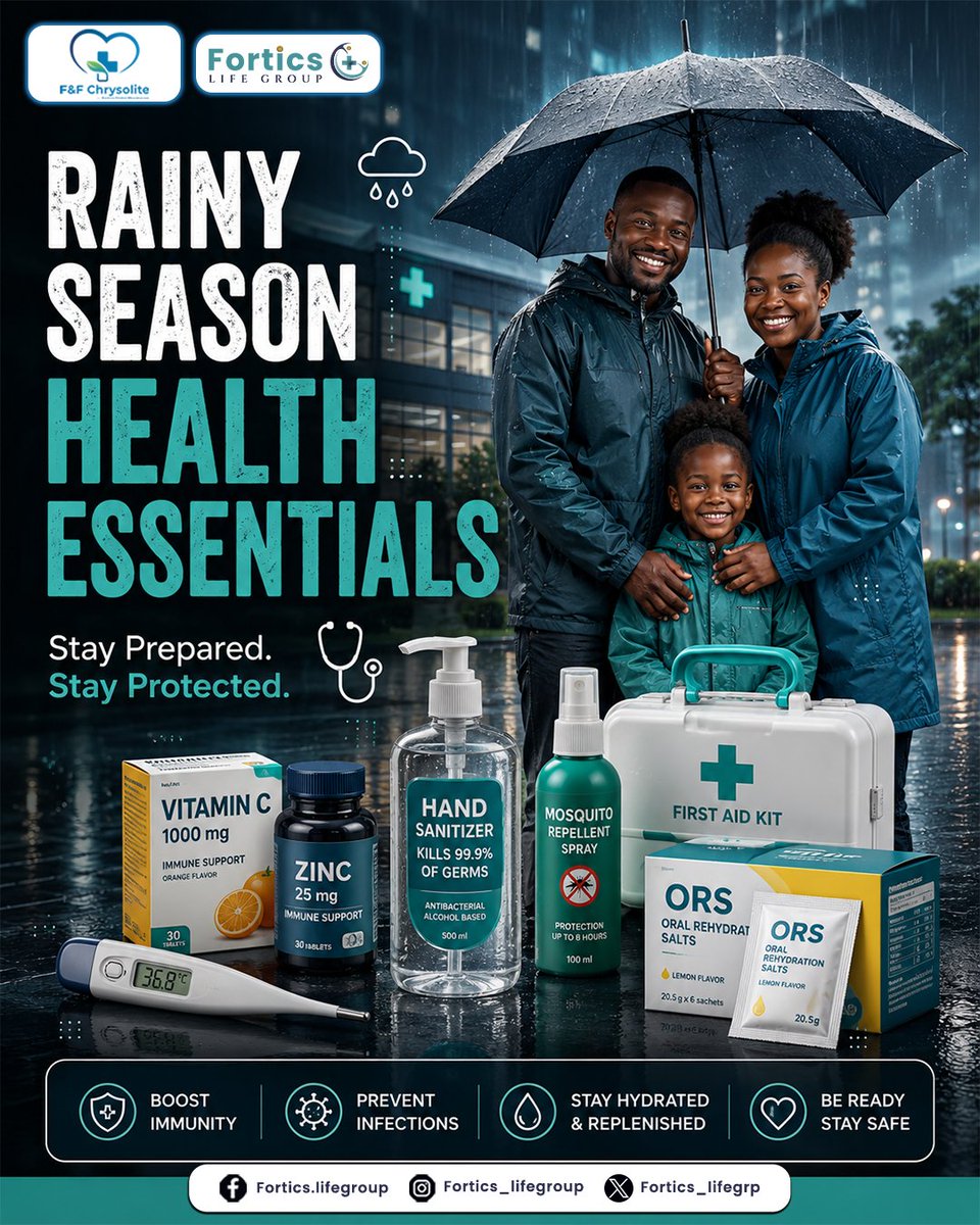 Fortics_Group's tweet photo. Rainy season is here, are you prepared?

Protect yourself and your family by staying one step ahead. From malaria prevention and immune support to hydration and first aid essentials, the right preparation makes all the difference. https://t.co/tRrJyHs5co