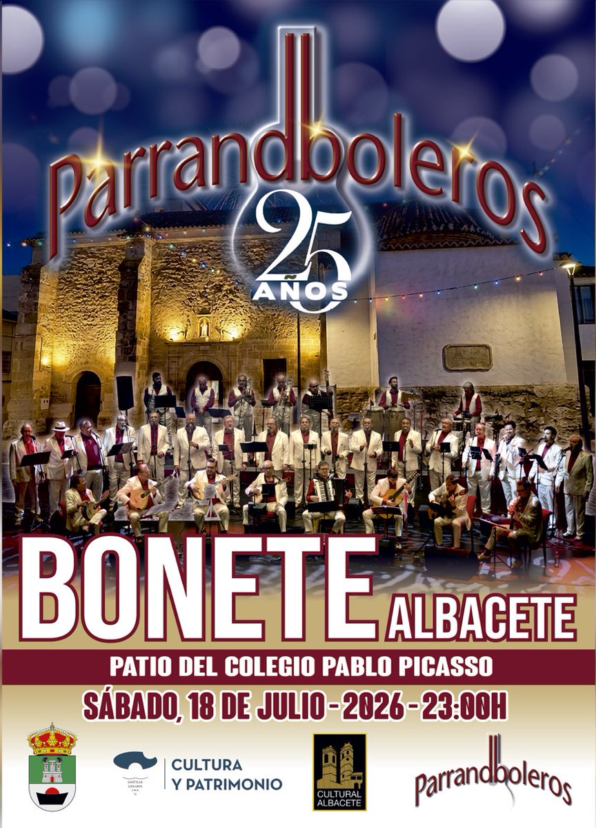 Parrandboleros's tweet photo. 🎶✨ Bonete, nos vemos muy pronto.

El próximo 18 de julio, estaremos en Bonete (Albacete) para compartir una velada muy especial.

📍 Patio del Colegio Pablo Picasso
🗓️ 18 de julio
🕚 23:00h

¡Os esperamos! 💛🎶

#Parrandboleros #Bonete #Albacete #MúsicaEnDirecto #Bolero https://t.co/EEzQUZAw5d