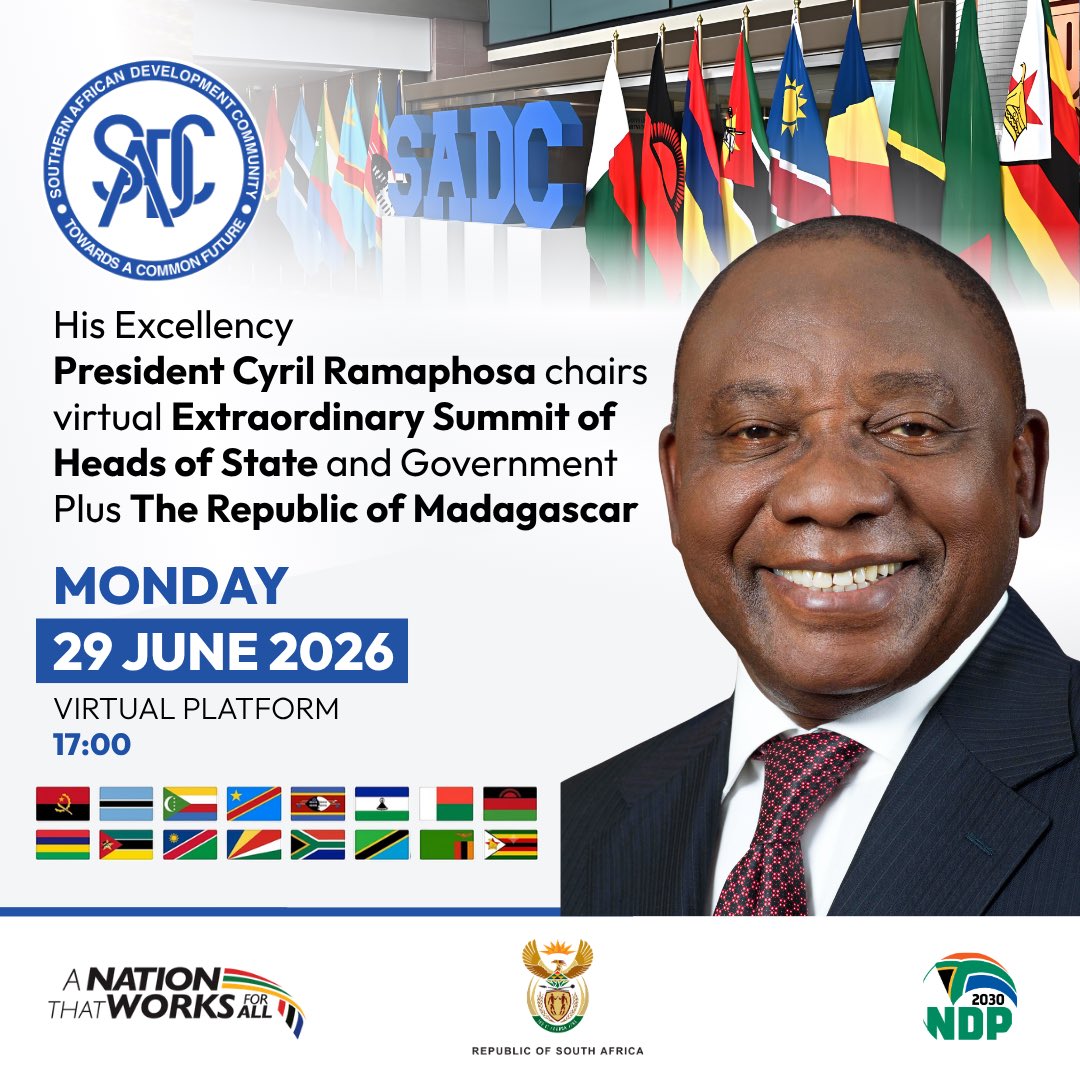 PresidencyZA's tweet photo. His Excellency President @CyrilRamaphosa will today, Monday, 29 June 2026, chair the Virtual Extraordinary Summit of SADC Heads of State and Government Plus the Republic of Madagascar.

The Summit provides an opportunity for SADC leaders to strengthen regional cooperation on matters that advance peace, stability and sustainable development. 

By working together with neighbouring countries, South Africa helps build a region that supports economic growth, trade, investment and opportunities that improve the lives of ordinary South Africans and the people of Southern Africa.
🇿🇦🌍