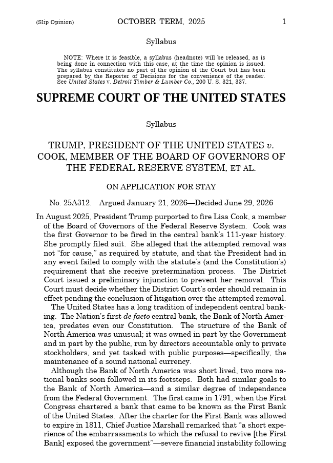 scotus_wire's tweet photo. 🚨 In a 5-4 vote, the Supreme Court refused to let President Trump remove Federal Reserve Governor Lisa Cook while litigation continues, holding that the Federal Reserve's longstanding independence from presidential control is rooted in the Nation's history and tradition. https://t.co/jQa8vWTu4y