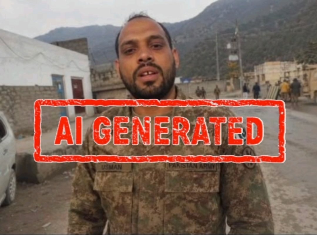 EPropoganda1's tweet photo. Fake News Alert 🚨🚨

The individual being portrayed on social media as a Pakistan Army soldier is, in fact, not a member of the Pakistan Army.

The image was taken from the confession video of an Afghan militant who was reportedly apprehended by Pakistan’s security forces following last night’s attack at Karachi ranger headquarter. The photo was then manipulated using face-swap technology to falsely depict him as a Pakistan Army serviceman and to create the impression that his confession had been staged.

The fabricated image also contains an obvious inconsistency: it shows a crossed-swords insignia on the shoulder of an enlisted soldier. In the Pakistan Army, this insignia is not worn by enlisted personnel; it is reserved for commissioned officers. This basic error alone raises serious doubts about the authenticity of the image.

This appears to be a deliberate attempt to spread disinformation and propaganda. Always verify images and claims before sharing them online.