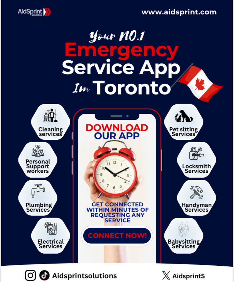 AidsprintS's tweet photo. Home emergency in Canada?
.
.
Get help now 👇
.
.
🇨🇦 AidSprint links you to vetted plumbers, electricians, locksmiths, handymen, PSWs, babysitters, pet sitters &amp; cleaners. 
.
Fast, reliable, easy. 
.
.
Download “AIDSPRINT SOLUTIONS” today. 
.
.
#AidSprint #HomeEmergency #Canada https://t.co/5UB7KhZLxL