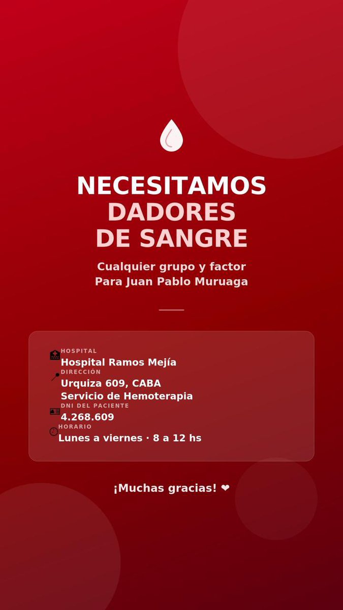 maxhuracan's tweet photo. Se necesitan dadores de sangre para Juan Pablo Muruaga, que se encuentra internado en el hospital Ramos Mejía (Urquiza 609). 

Agradecemos la difusión 🎈 https://t.co/DUrRFM5M4u