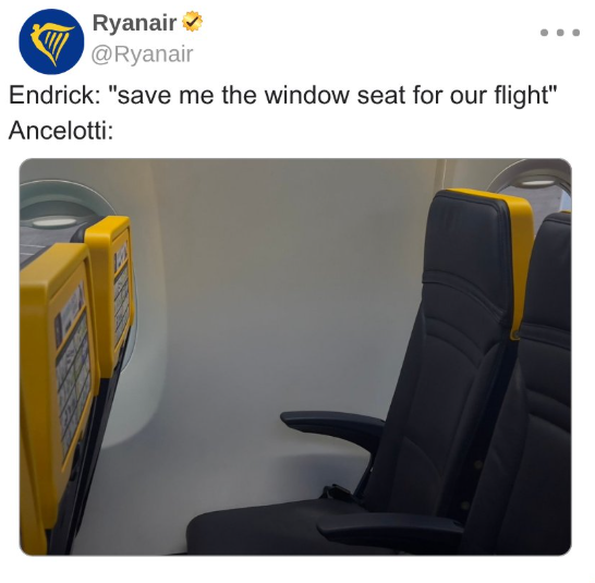 aero_in's tweet photo. No dia do primeiro jogo eliminatório para a Seleção Brasileira a @Ryanair decidiu entrar na zueira em torno do técnico Ancelotti e do jogador Endrick, do vice-campeão espanhol Real Madri 🤣😂

Será que o antigo técnico merengue vai escalar hoje o ex-jogador do Palmeiras? https://t.co/s73ArV93Gi