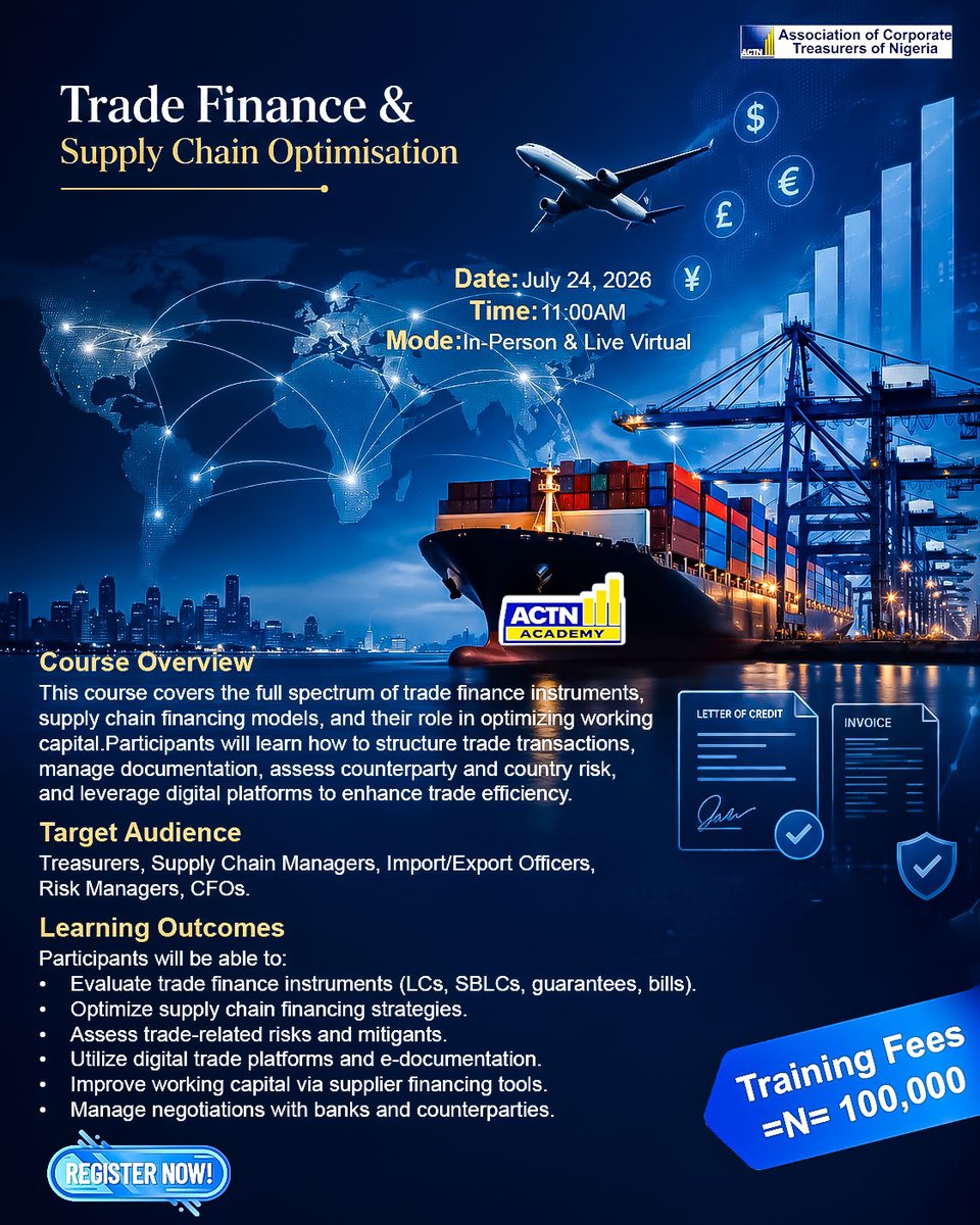Actn_treasurers's tweet photo. Every delayed shipment has a cash-flow cost.
Learn how to structure trade finance deals, reduce risk and improve working capital.
Register now.