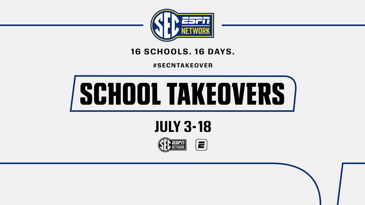 ESPNPR's tweet photo. Mark your calendars! 🗓️

The @SECNetwork Takeover returns July 3-July 18

Each of the 16 @SEC schools will takeover the network for a day of school-centric programming with 24 hours of the year's best moments

More on #SECNTakeover ➡️ https://t.co/kaeOXcRUH7 https://t.co/c37zNLqLlz