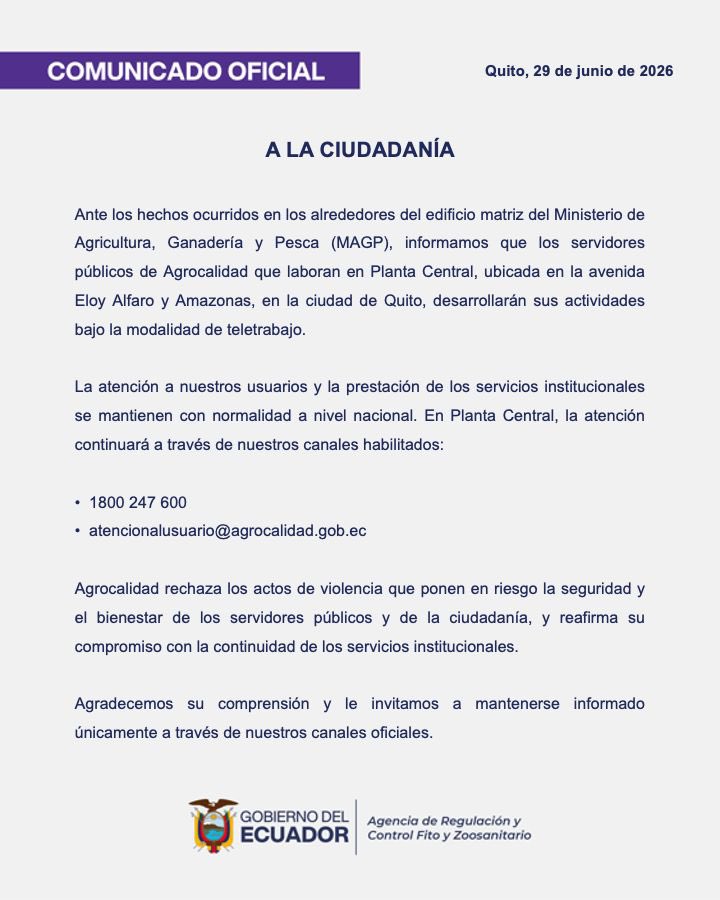 AgrocalidadEC's tweet photo. 📢 COMUNICADO | A la ciudadanía: https://t.co/dyCpmfrznY