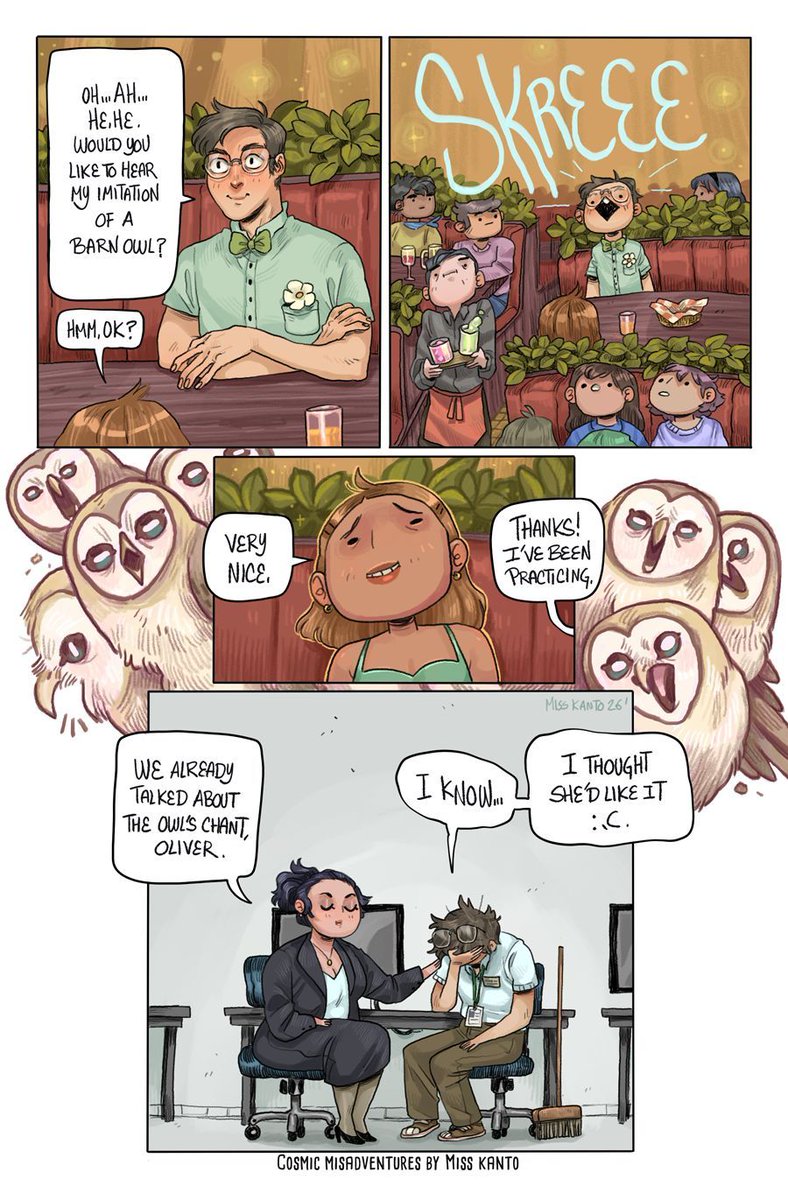 Miss_kanto's tweet photo. Cosmic misadventures #222-Owl chant
Ahh dear crew members, u-u the owl chant is, as mentioned before by some patrons, for the 5th date, not before. 
#comic #webtoon #owl #barnowl #dating #cosmicmisadventures #cosmi https://t.co/FxMt2E52Hi