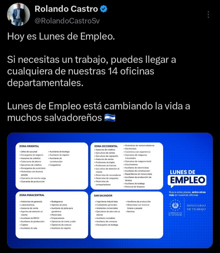 Estrellta383551's tweet photo. Con el Lunes de Empleo, el Ministro de Trabajo @RolandoCastroSv, continúa impulsando iniciativas que conectan a empresas con personas en búsqueda de trabajo. 

Una estrategia que fortalece la empleabilidad y genera nuevas oportunidades en El Salvador. https://t.co/qejYkUmkyJ