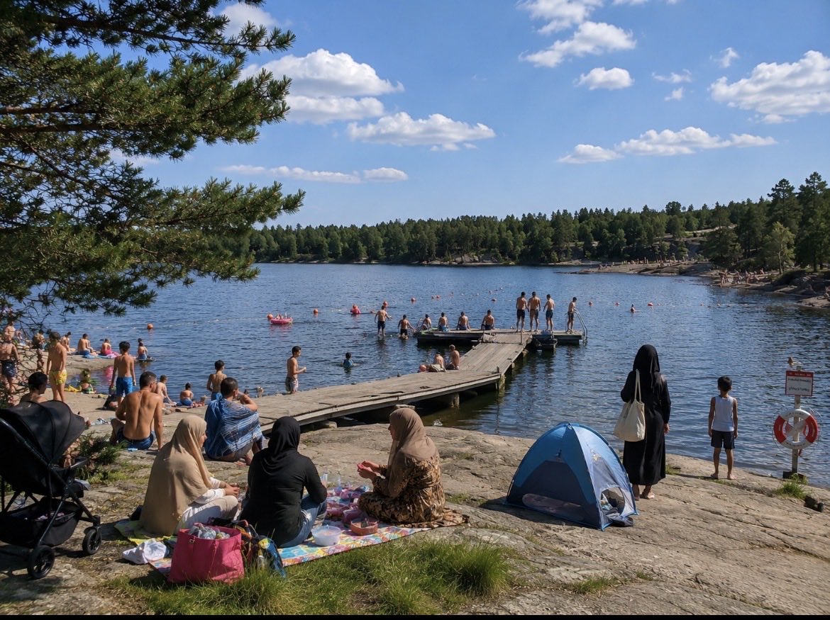 TheoSvensk's tweet photo. Glöm inte att hijab är frivilligt även på en het svensk sommardag vid sjön. https://t.co/Ruc72ZB42u