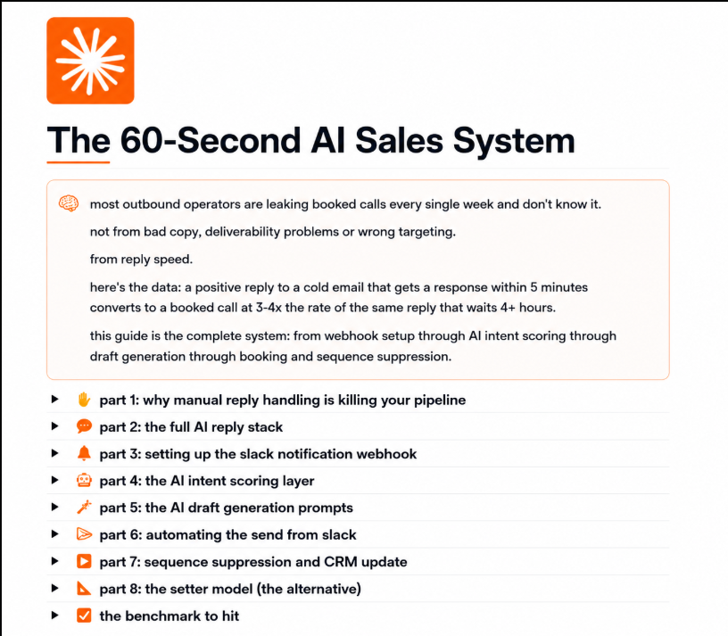 dimitarangg's tweet photo. our client was getting 50 replies a month from outreach

they booked 8 calls from it

we plugged in:
-slack webhook
-AI intent scorer
-24/7 active setter
-3 draft templates

and we turned that same pipeline into 21 calls booked

“what did you do differently king dimitar?”

we just reduced the speed-to-lead time from 3 hours to 1 minute

so i documented the entire 60-second reply alert + handling system we now run across every b2b pipeline...

covering EVERYTHING from:

the slack webhook setup, step by step, including the exact JSON payload structure that fires within 60 seconds of any positive reply landing in the campaign inbox

the three-tier intent scoring system, high intent versus medium intent versus low, and why sending the same response to all three is the fastest way to kill a warm lead

the three draft generation prompts, one per intent tier, each calibrated to what that specific type of reply actually needs, not a template that fits nobody

the three automation options for getting from "AI draft ready" to "email sent" without opening the outreach platform, ranked by setup complexity

the sequence suppression logic that stops a prospect from receiving email 3 while you're already in a live conversation with them

the setter versus AI comparison, when human judgment wins and when the AI is faster, cheaper, and more consistent across the board

all backed by 100s of meetings booked and $4.8M+ in client pipeline generated

like + comment "SPEED" and i'll send the notion doc your way

(must be following + RT for priority access)