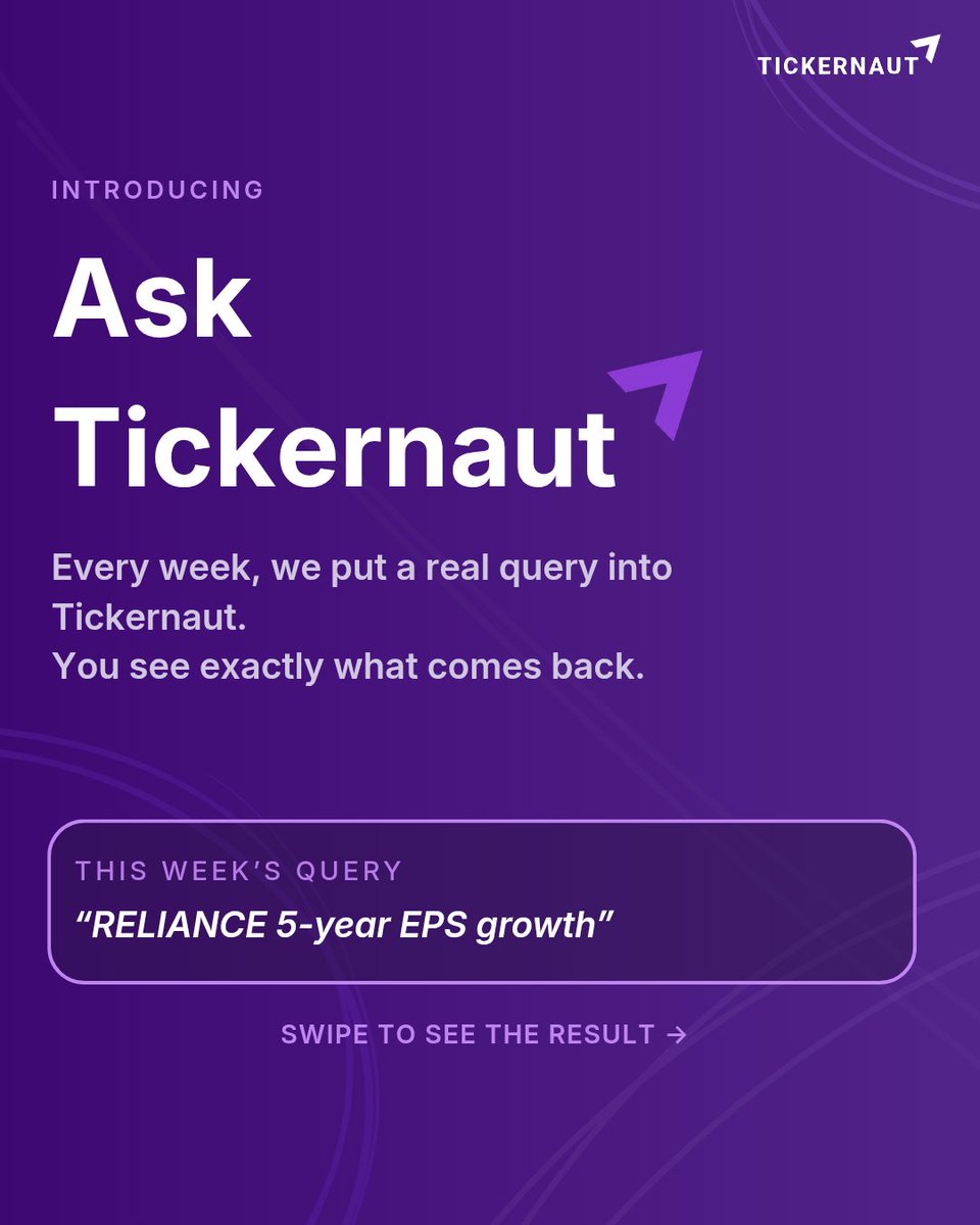 tickernaut's tweet photo. Introducing Ask Tickernaut.
Every week we put a real research query into Tickernaut and show you exactly what comes back. No staging. Just the question and the answer.

This week: "RELIANCE 5-year EPS growth" https://t.co/smtjknY3ur