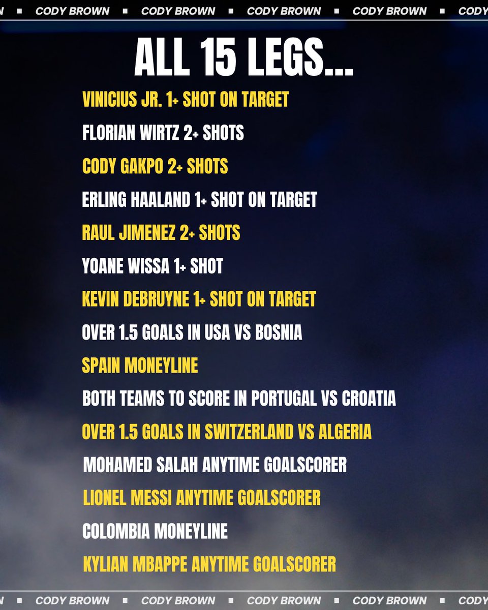 CodyBrownBets's tweet photo. Here are all 15 legs for you…

🔗 https://t.co/vhSJKoxdF0

21+ only. https://t.co/wYYFfH4Ne8
