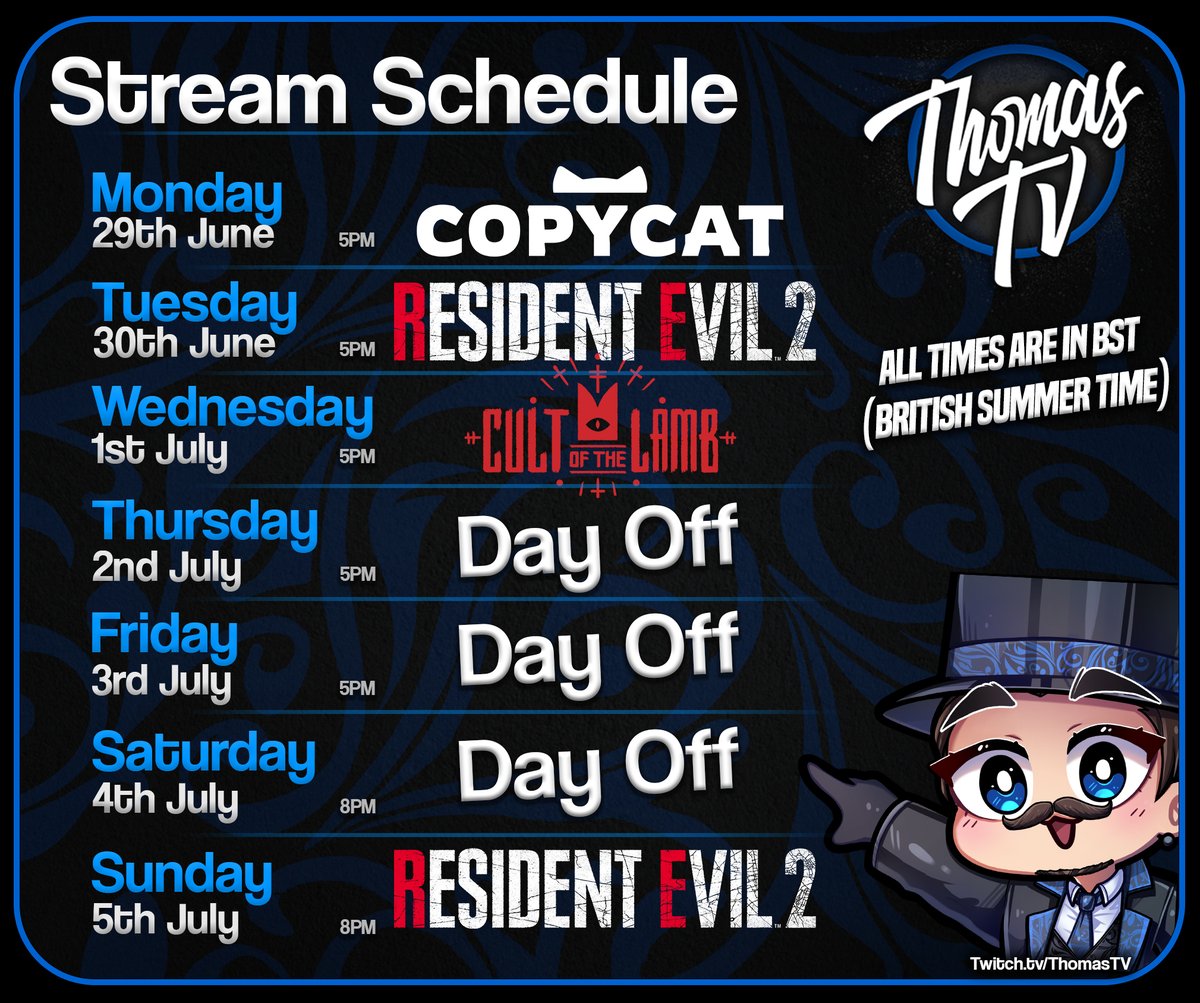 ItsThomasTV's tweet photo. NEW SCHEDULE 

Cat game later, then ya boy is taking the trip to Racoon City later in the week! 

Works given me some extra hours so I'll have a three day break, but expect an extra stream next week <3 https://t.co/QR0IzsK8PQ