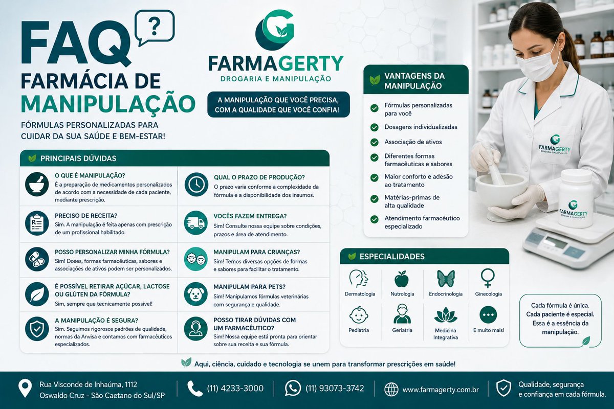 farmagerty's tweet photo. FAQ – Farmácia de Manipulação | Farma Gerty Drogaria e Manipulação

Uma farmácia de manipulação é um estabelecimento autorizado pela Anvisa que prepara medicamentos personalizados conforme prescrição médica.

https://t.co/INZ7AJ0tzc
#farmagerty https://t.co/WUXscqiL1J