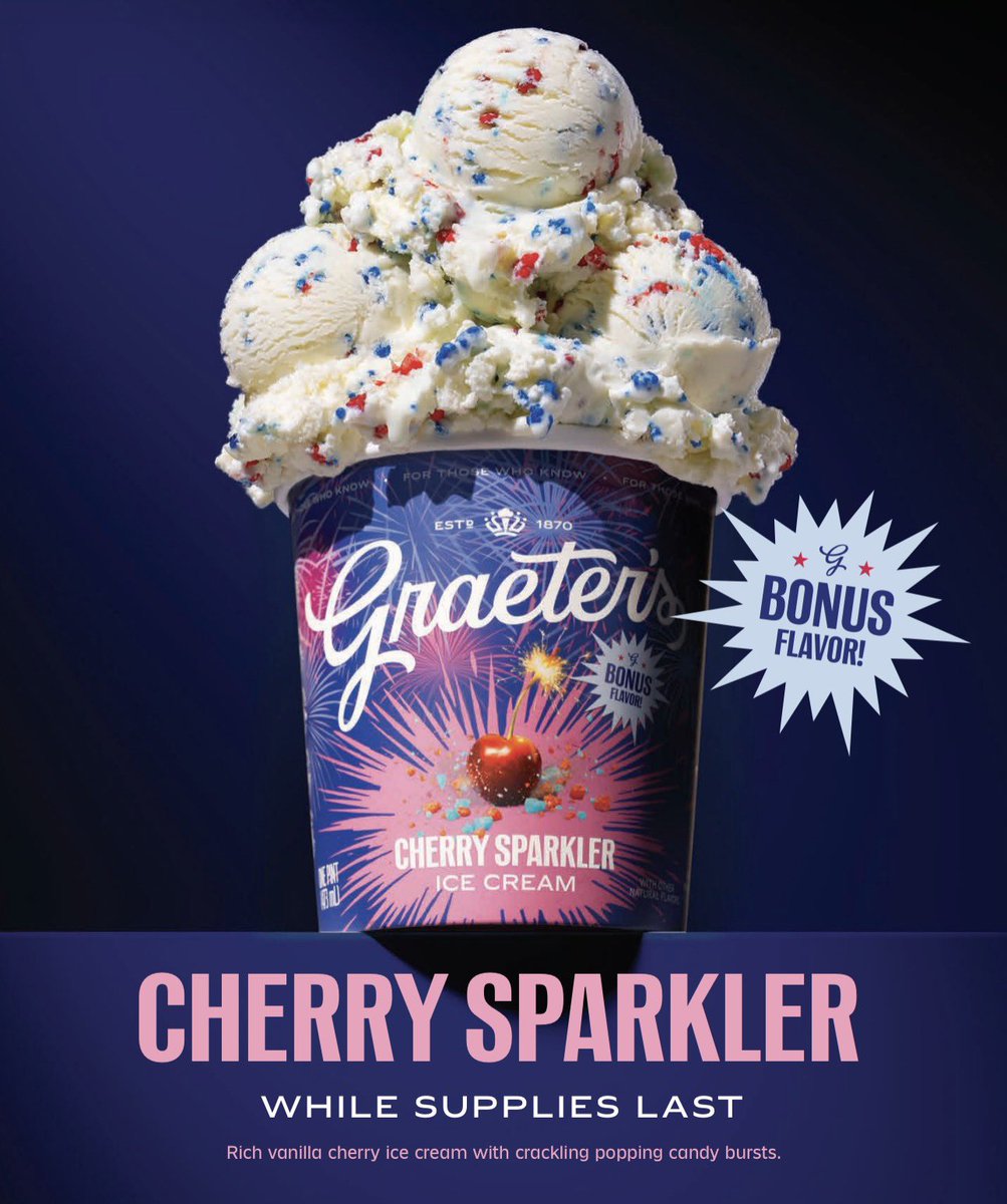 graeters's tweet photo. Now Scooping: Cherry Sparkler 🧨🇺🇸

We’re celebrating America’s 250th with Cherry Sparkler, a wild cherry ice cream with delicious red and blue popping candy, just in time for the 4th of July! 

Available now in all Graeter’s scoop shops, and online for nationwide shipping! https://t.co/J9w1FKMSK1