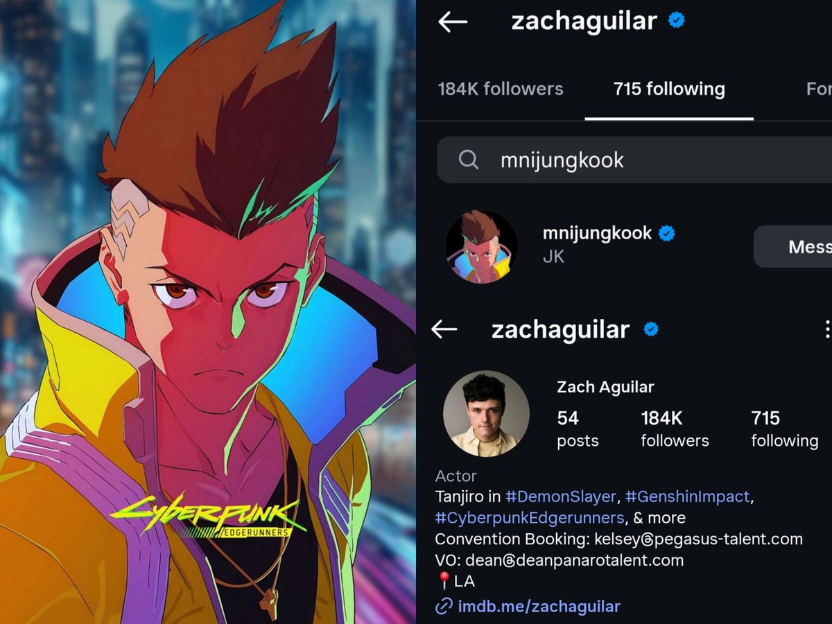 dailyjkpraise's tweet photo. Zach Aguilar, the voice actor of David from "Cyberpunk: Edgerunners," is now following Jungkook on Instagram! https://t.co/BOJKXuLWF0