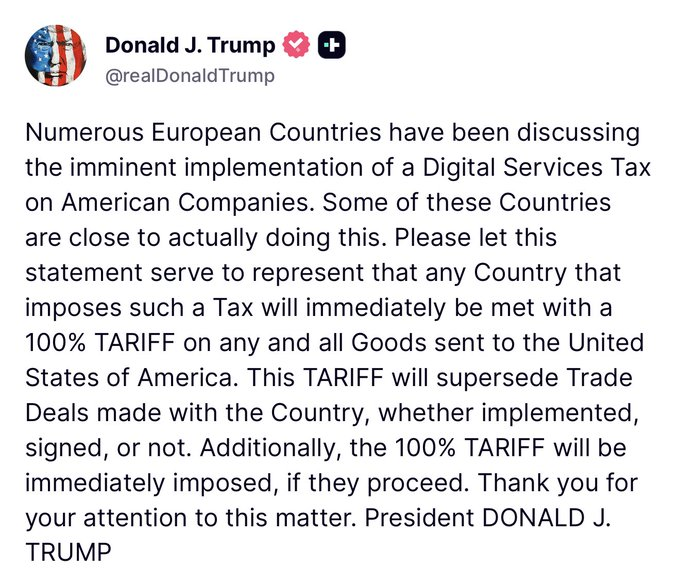 DeepMorpho's tweet photo. トランプ氏は、米国企業にデジタルサービス税を課す欧州諸国に対し、米国へ輸出されるすべての製品に直ちに100%の関税を課すと警告した。　06.27  - Insider Paper
#トランプ #デジタルサービス税 https://t.co/N3MAF69qoV