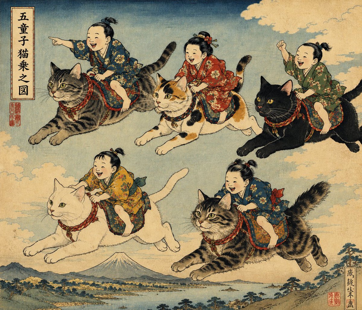 sekibunnteisuu なになに？ ねこだって？ chatGPT画伯による五童子猫乗