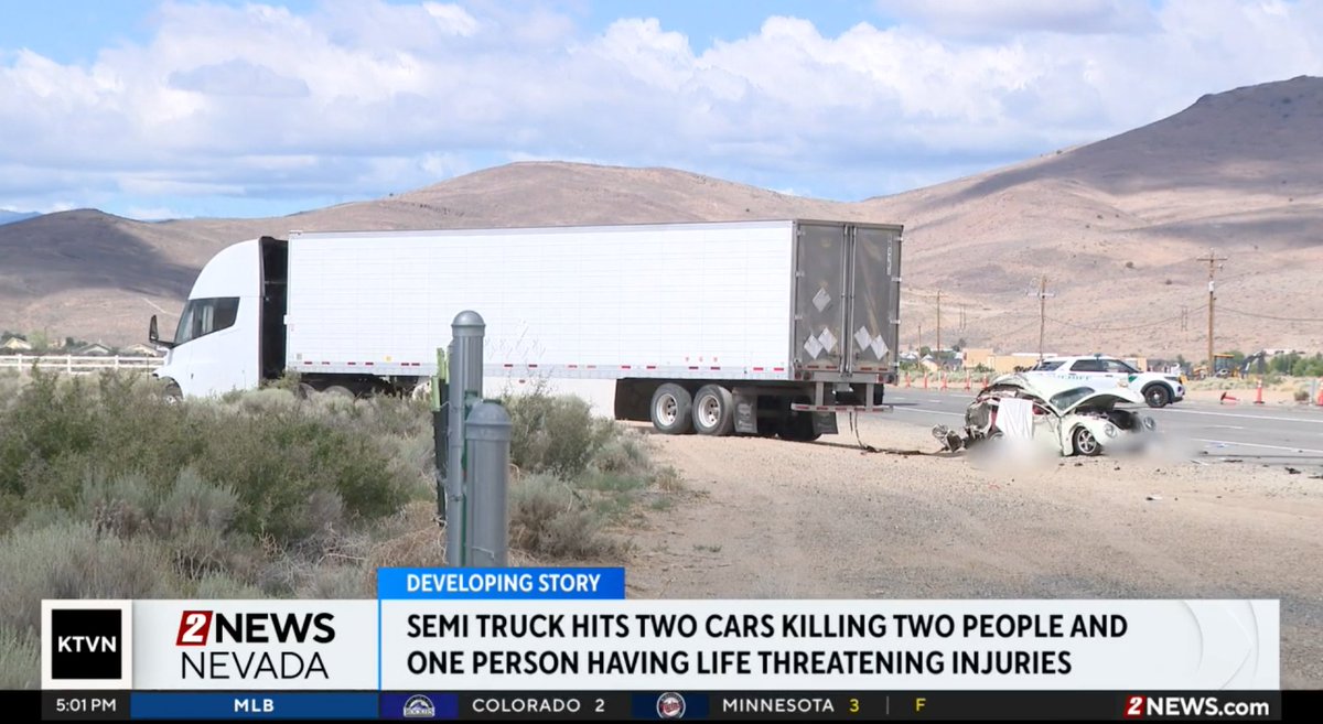 maybedanielleee's tweet photo. Truck driver may have fallen asleep before he hit two vehicles at the intersection of Highway 50 and Traditions Parkway in Dayton, Nevada. 

Two people were pronounced dead at the scene. One other was flown by CareFlight to a local hospital. https://t.co/XHAfObaPIk