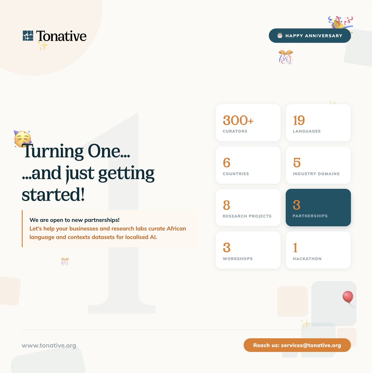 tonative_org's tweet photo. Happy 1st Anniversary to Tonative! 🎉

One year of building patnerships, curating datasets and advancing inclusive AI for African languages.

Thank you to everyone who believed in this mission

Here's to many more years of collaboration. 🥂 https://t.co/69niVcbck0