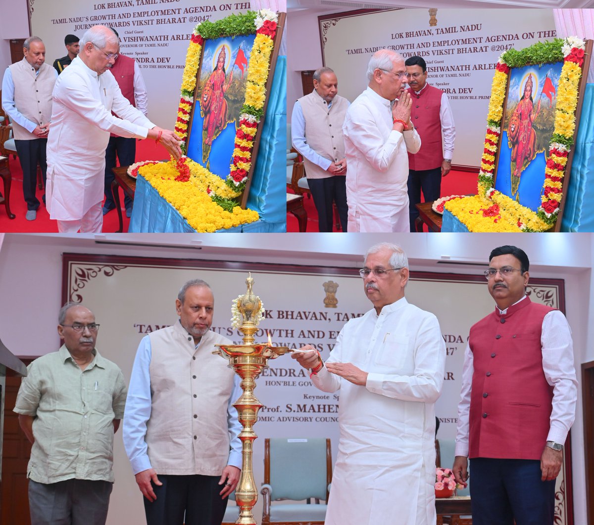 lokbhavan_tn's tweet photo. Hon’ble Governor of Tamil Nadu, Thiru. Rajendra Vishwanath Arlekar, presided over the seminar on “Tamil Nadu’s Growth and Employment Agenda on the Journey towards Viksit Bharat@2047,” held at Bharathiar Mandapam, Lok Bhavan, Chennai, today (29.06.2026).
In his inaugural address, the Hon’ble Governor underscored the importance of sustained economic growth, employment generation, and innovation driven development in shaping a prosperous and inclusive Tamil Nadu. He highlighted the State’s pivotal role in contributing to the national vision of Viksit Bharat by 2047 and emphasized the need for collaborative efforts between government, industry, academia, and civil society.
      The seminar featured a keynote address by Prof. S. Mahendra Dev, Chairman, Economic Advisory Council to the Hon’ble Prime Minister of India, who provided valuable insights into policy frameworks, economic strategies, and pathways for achieving sustainable and inclusive growth.
       The event served as a significant platform for dialogue and deliberation on strengthening Tamil Nadu’s growth trajectory, enhancing employment opportunities, and aligning the State’s development agenda with the broader national vision.

#GovernorOfTamilNadu #RajendraVishwanathArlekar #ViksitBharat2047 #TamilNadu #GrowthAgenda #Employment #EconomicDevelopment #PublicPolicy #Chennai #NationBuilding #InclusiveGrowth

@rashtrapatibhvn @VPIndia @PMOIndia @HMOIndia
@rajendraarlekar @KeralaGovernor @MIB_India
@PIB_India @pibchennai @DDNewslive @airnewsalert
@PTI_News @DDTamilNews @AIRNews_Chennai 
@CBCCHENNAI_MIB @ani_digital