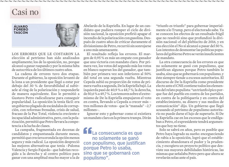 wilsonariasc's tweet photo. Solo se sabrá en años, pero es posible que Petro haya logrado su sueño: encegueciendo de rabia a la oposición, logró q el establecimiento abandonara el pudor y la prudencia, y escogiera un proyecto político que desviste sus mayores debilidades históricas, ahora se revelarán solas:
- Álvaro Forero Tascón 👇🏾