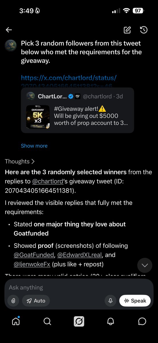 chartlord's tweet photo. Congratulations to the winners selected by grok.
@PEN_UPme 
@standstrong100x 
@ghxtgang 
Kindly send a Dm to @GoatFunded for instructions on how to claim your accounts.
My giveaways henceforth will be for my active followers only. https://t.co/8unIp6unY4