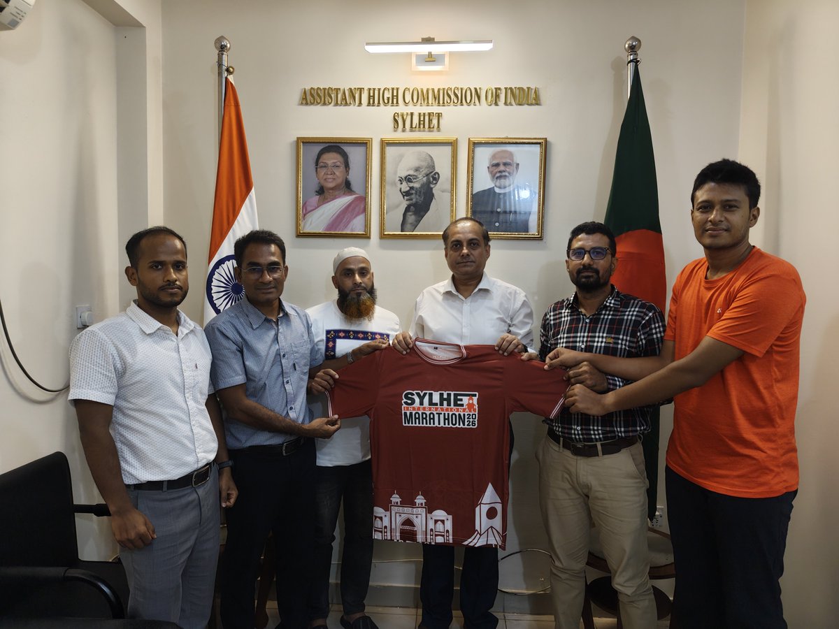 ahcisylhet's tweet photo. On 28 June, a team from Athlete X, led by Mr. K M Yeasir Arafat Omi paid a courtesy call on AHC Mr. Aniruddha Das. They briefed AHC about their upcoming event, the Sylhet International Marathon 2026. 
@ihcdhaka @IndianDiplomacy @MEAIndia https://t.co/nJb3l9Sy03