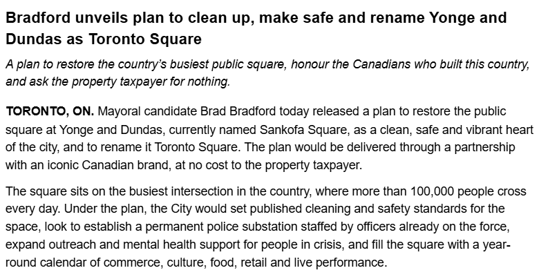 BenSpurr's tweet photo. Mayor candidate Brad Bradford is proposing renaming Sankofa Square as Toronto Square. https://t.co/ubPSLyovL6