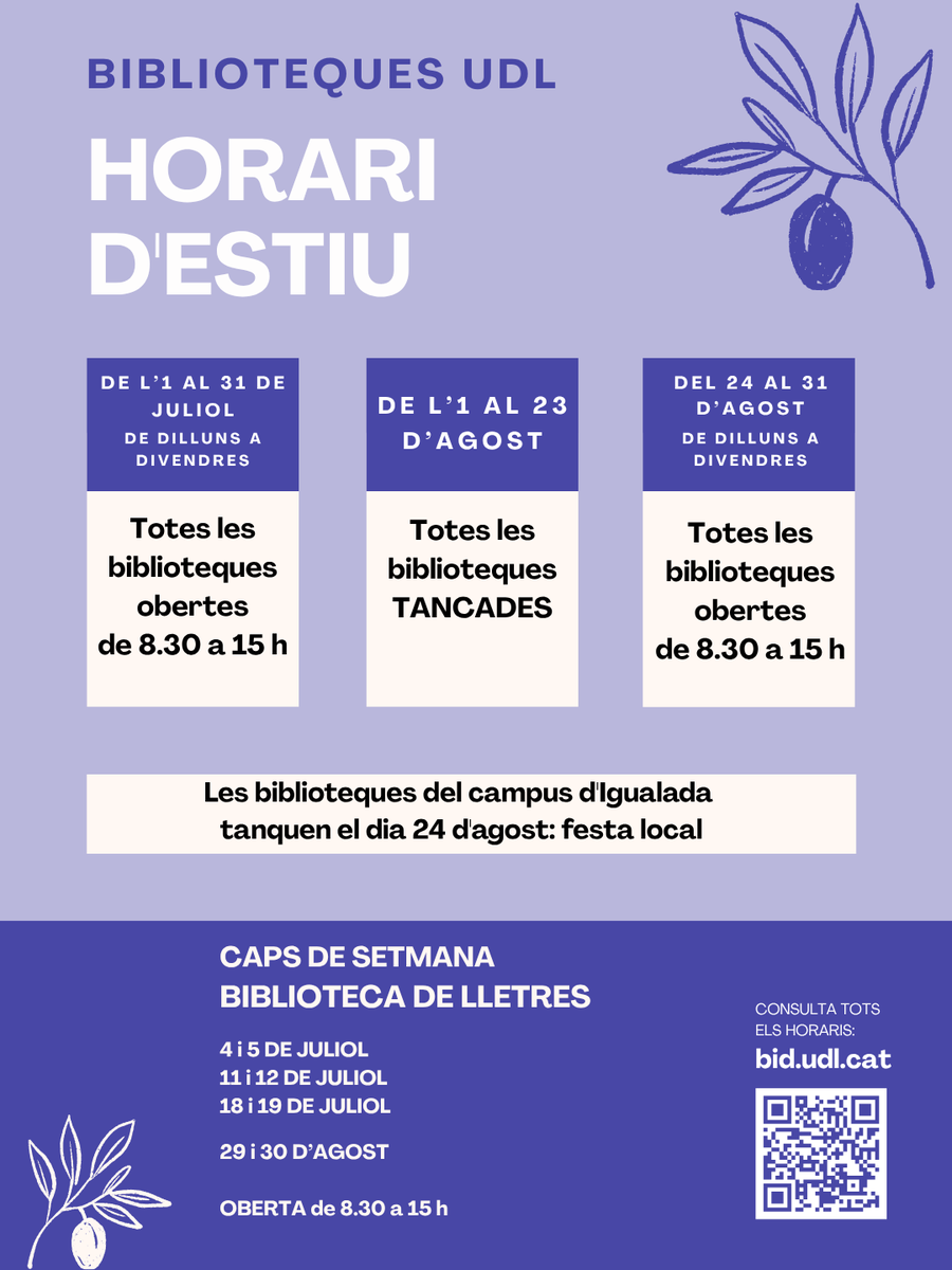 bibliotequesudl's tweet photo. ☀️Horari d'estiu☀️

📚Al juliol obrim de 8.30 a 15h
🌴A l'agost farem vacances de l'1 al 23 i tornarem a obrir el 24 amb el mateix horari

ℹ️Consulta tots els horaris a https://t.co/lBgw8zP0NF https://t.co/36DSDxnfLy