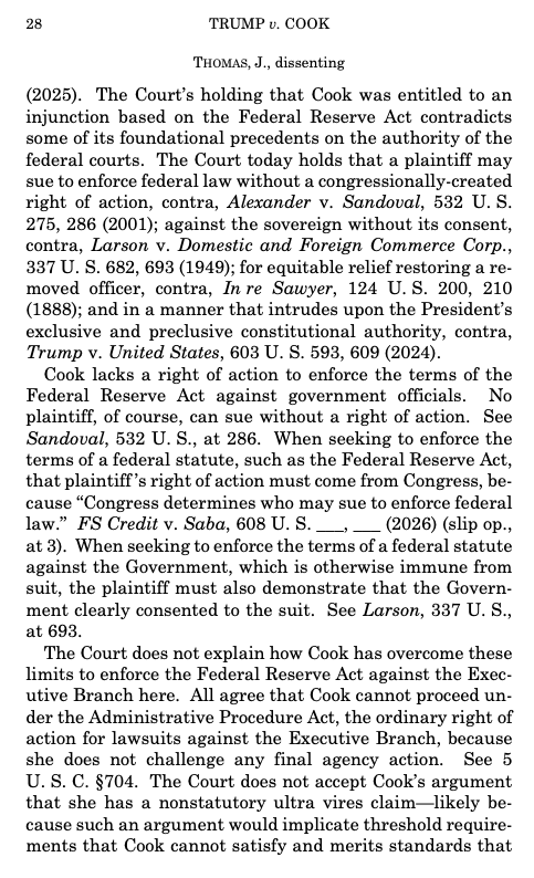 bhweingarten's tweet photo. The Roberts Court once again in "defending the institution" (read: ruling politically), undermines the Constitution.

Justice Thomas, dissenting in Trump v. Cook:

"Today’s decision is an unprecedented incursion on the Executive Branch. Neither the parties nor the Court can point to a single time in American history that this Court has upheld an injunction against the President’s removal of an executive officer. In the 237-year history of our Constitution, this Court has, by all accounts, never done so."