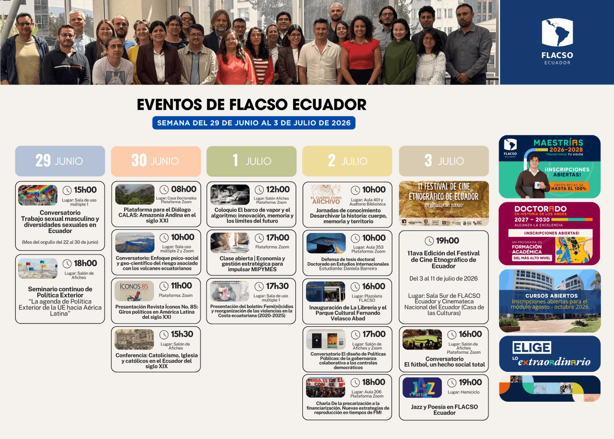 FLACSOec's tweet photo. 🗓🤓 Esta semana en FLACSO Ecuador tenemos varios eventos que no te puedes perder.
Más información: https://t.co/4lSq01Hr7V
#FLACSOEcuador #EventosFLACSO #ComunidadFLACSO #EligeloExtraordinario https://t.co/OuhZU4SDG4