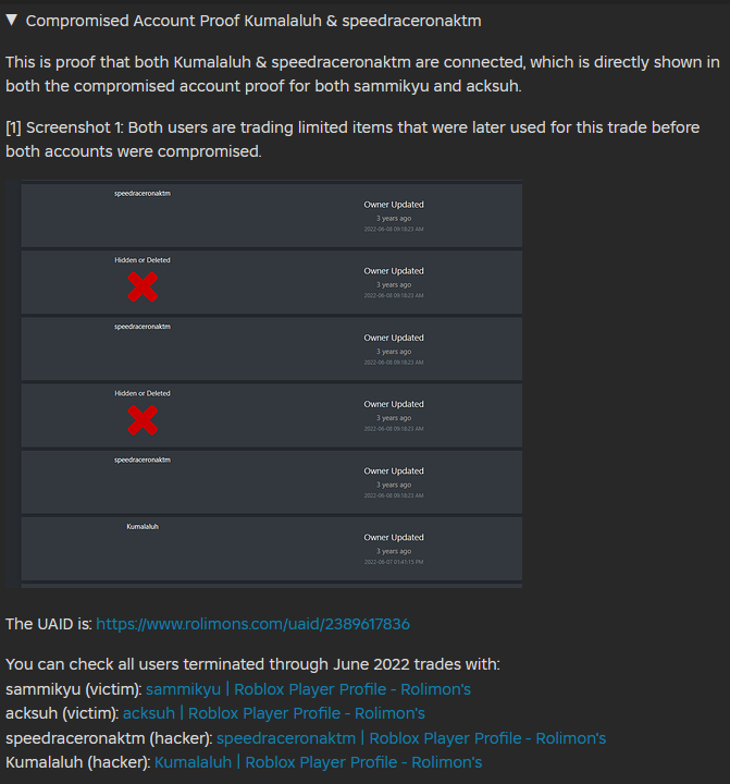 archangehl's tweet photo. 181k views and 1k+ likes later, and @Roblox has not responded in any way.

Here is my problem:

I (sammikyu) and another user (acksuh) were terminated twice with an enforcement ban on the same day for the same reason, and the same account was linked that occurred on October 8(?), 2025 & March 12, 2026.

acksuh found me through my complaining and realized our terminations happened simultaneously. 

What we found:
> Compromised by the same person in June of 2022, but from different Roblox accounts
> User with unauthorized access to my account played Roblox on it
(no direct evidence from me)
> Accounts recovered by Roblox support
> Terminated on October 8, 2025 (review date Sept 29)
> October 8, 2025, termination same month, date, and reason
> Both accounts reinstated
(Roblox Support for acksuh & silently for sammikyu)
> Both accounts terminated again on March 12, 2026, the same month, date, reason, and account linked

At what point is this not an issue @Roblox, where another user and I were terminated twice at the same time? There is clearly a strong link to an account compromise that happened to it. None of my other accounts were enforcement banned either.

Roblox users, be cautious and keep your accounts secure. You never know until this happens to you.

#roblox #robloxsupport @RobloxNewsroom