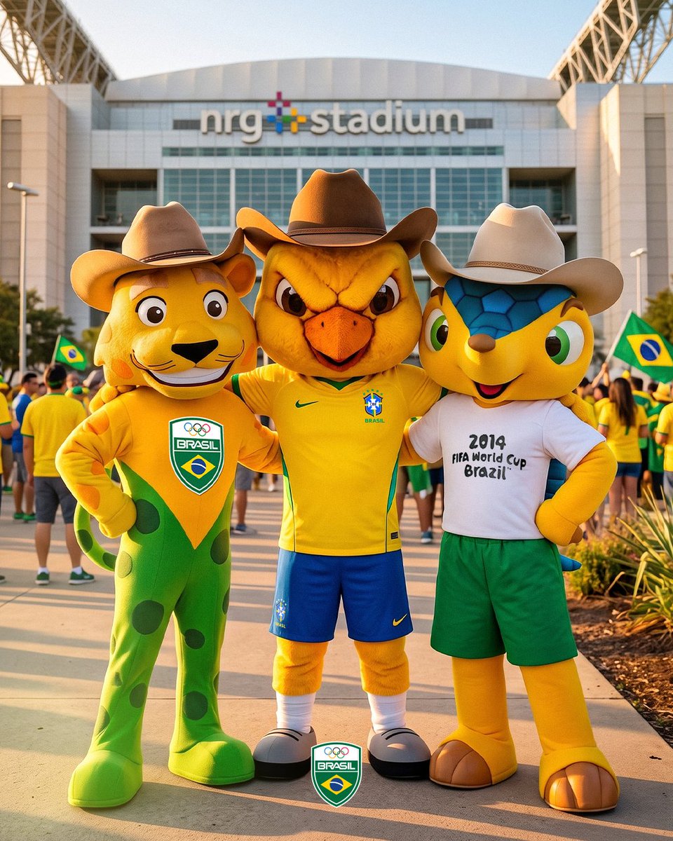 timebrasil's tweet photo. O trio já está nos arredores do estádio e chegou no clima do Texas! 🤠🇧🇷

Ginga, Canarinho e Fuleco já estão prontos para empurrar o Brasil em mais uma batalha. 🫡🔥

#TimeBrasil https://t.co/eugLpakPXW