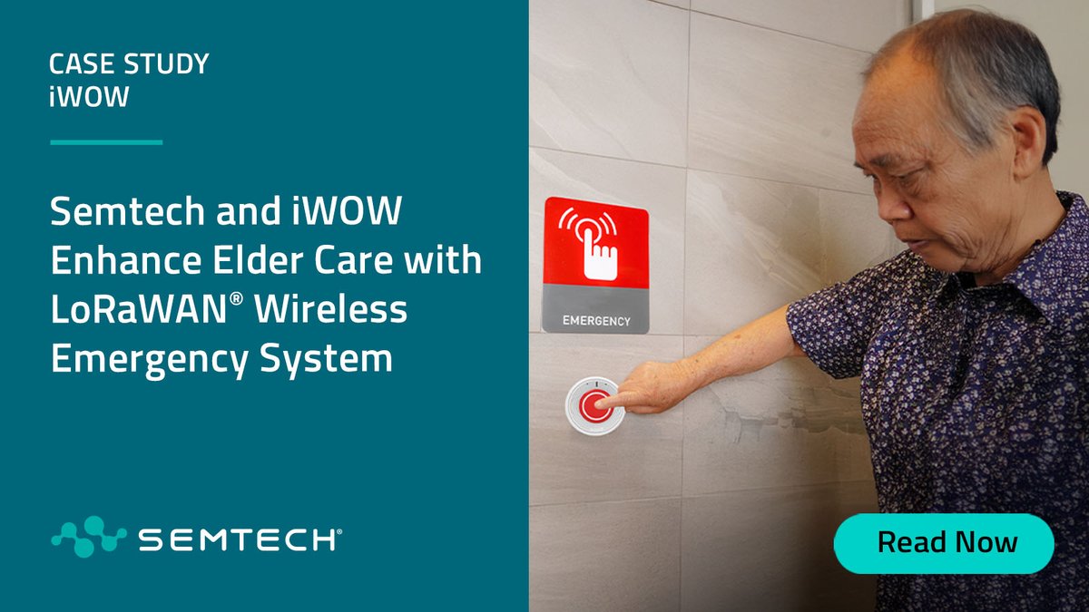 SemtechCorp's tweet photo. For a senior living alone, help needs to be one button away. In Singapore, iWOW built that with #Semtech's #LoRa: an emergency alert system serving 27,000 seniors across 10,000 flats, with 98% of devices still running after 5 years.
Read more: https://t.co/XFWwSVLeTx https://t.co/jBMUllRZeZ
