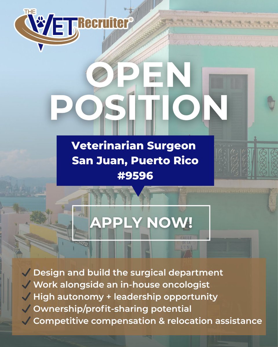 TheVETRecruiter's tweet photo. We’re #recruiting a Board-Certified Veterinary Surgeon for a newly created position within one of the busiest emergency hospitals in San Juan, Puerto Rico.

Learn more &amp; apply here: https://t.co/W5bNexgarz

#TheVetRecruiter #VeterinarySurgeon #VeterinaryCareers #VetMed https://t.co/qBPHlopI5s